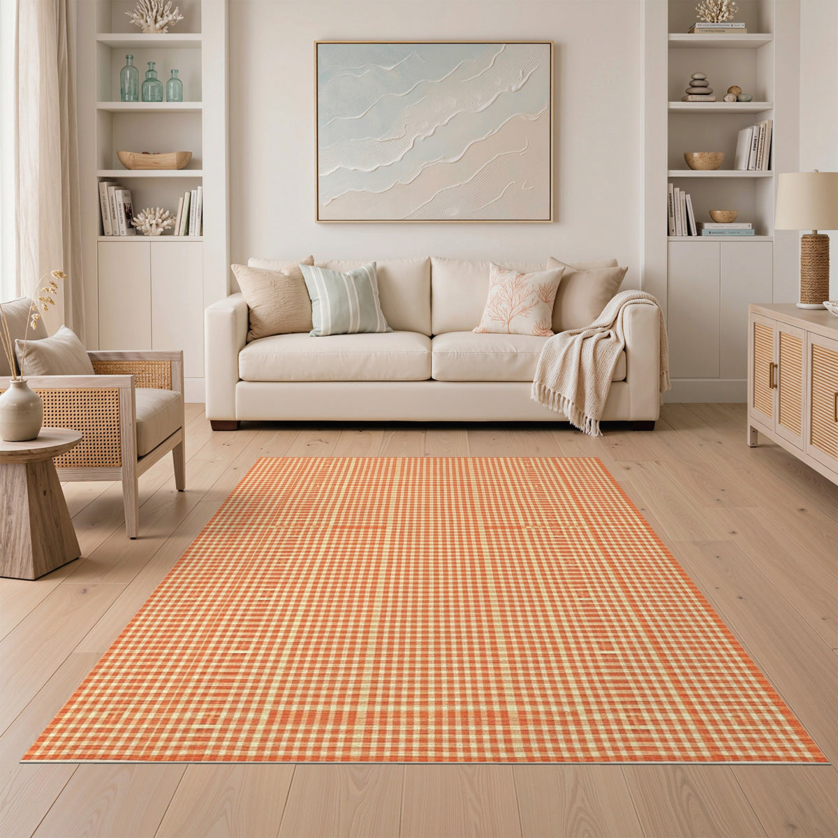 Orange Gingham Checkered Geometric Modern Area Rug