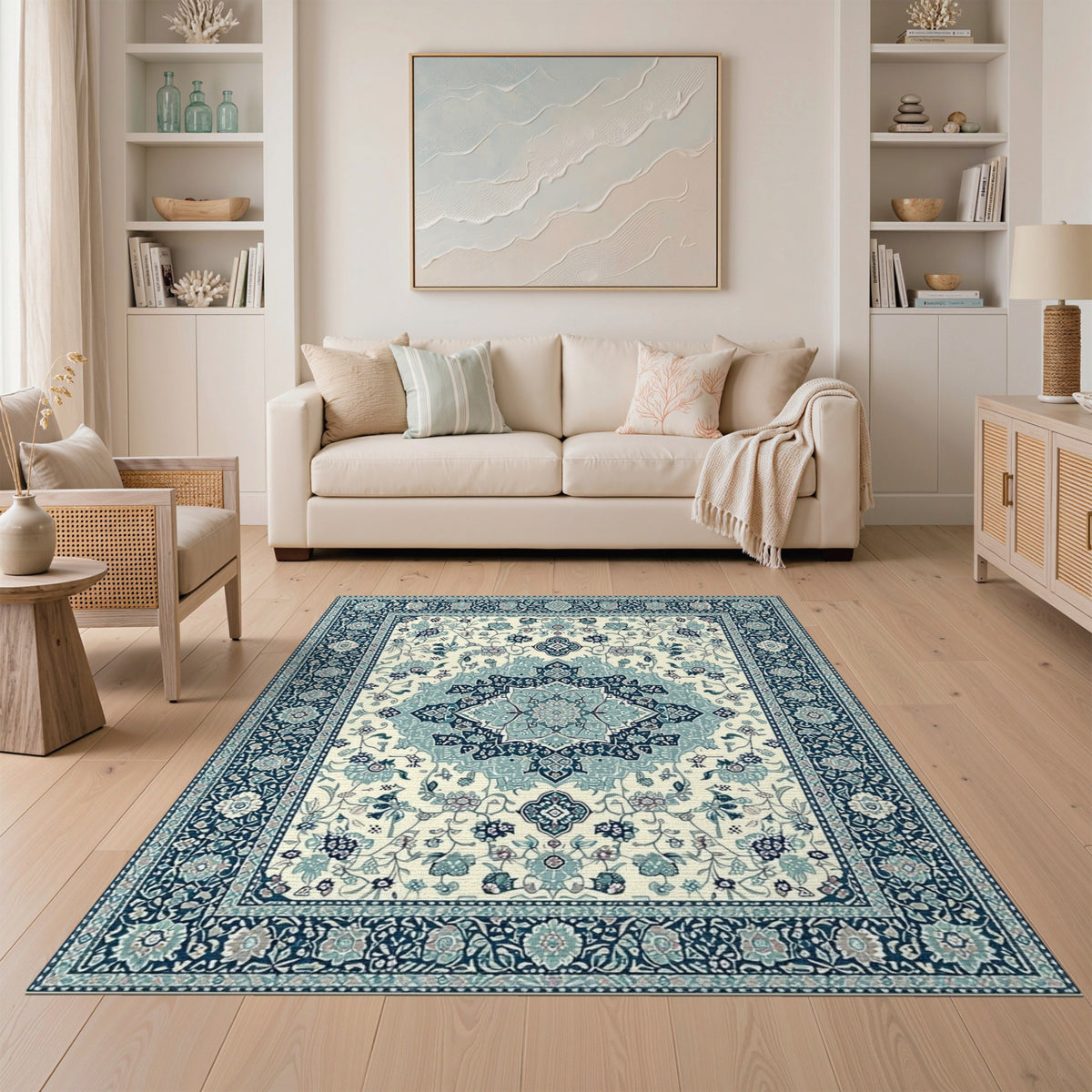 Traditional Persian Blue and Teal Blue Teal Persian Floral Medallion Area Rug