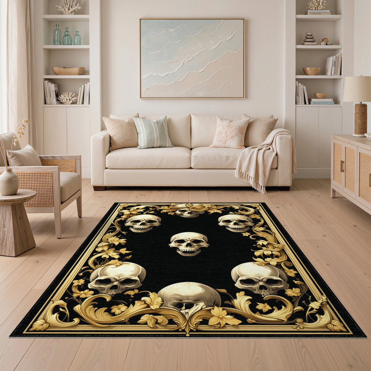 Ornate Gold Skull Floral Area Rug