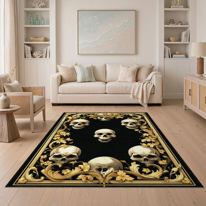 Ornate Gold Skull Floral Area Rug