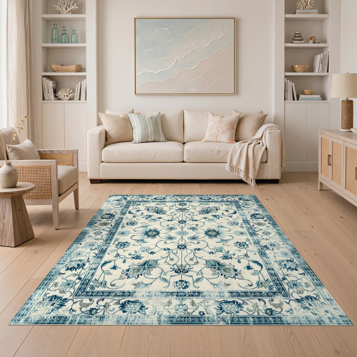 Distressed Blue Floral Vintage Area Rug