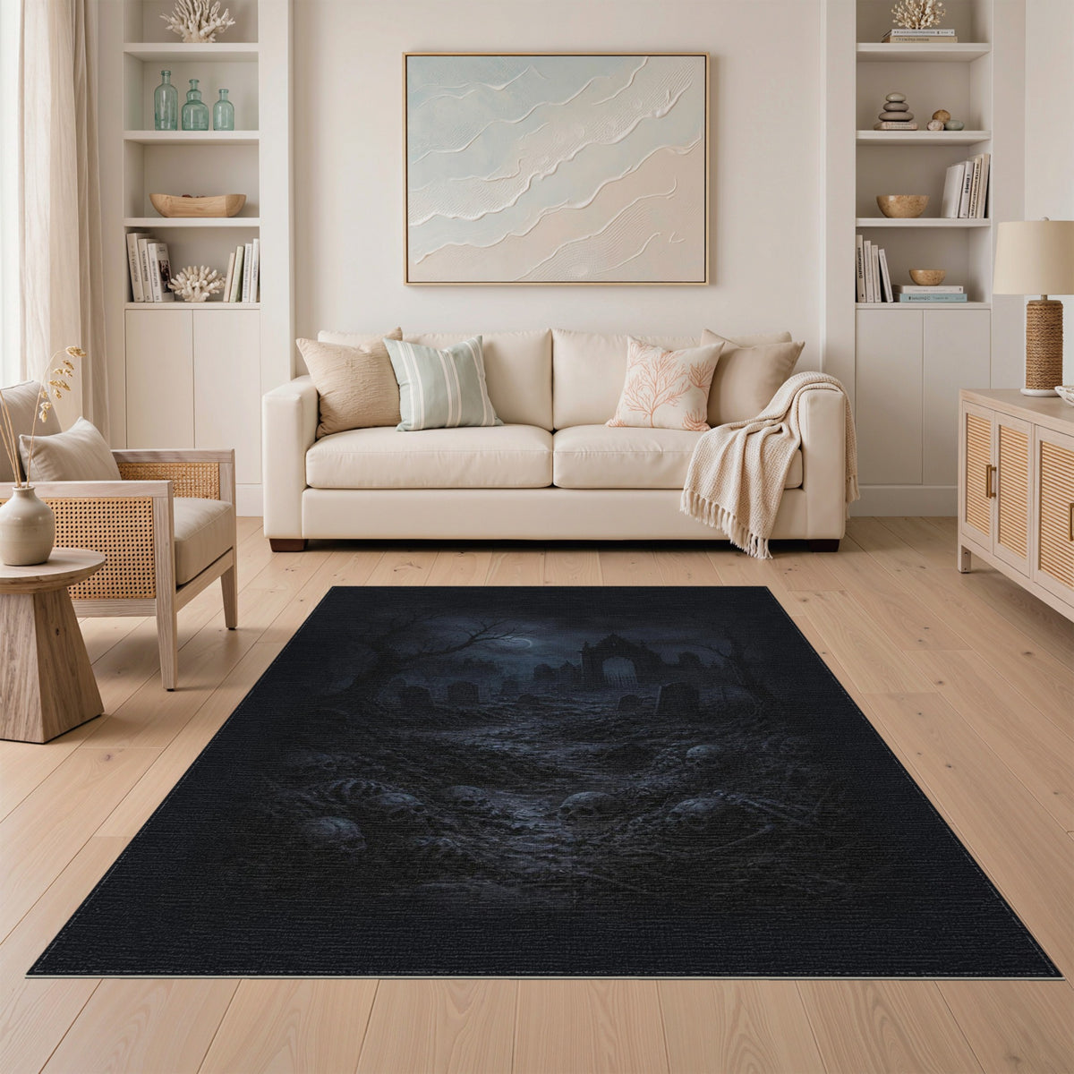 Moonlit Graveyard Skulls Area Rug