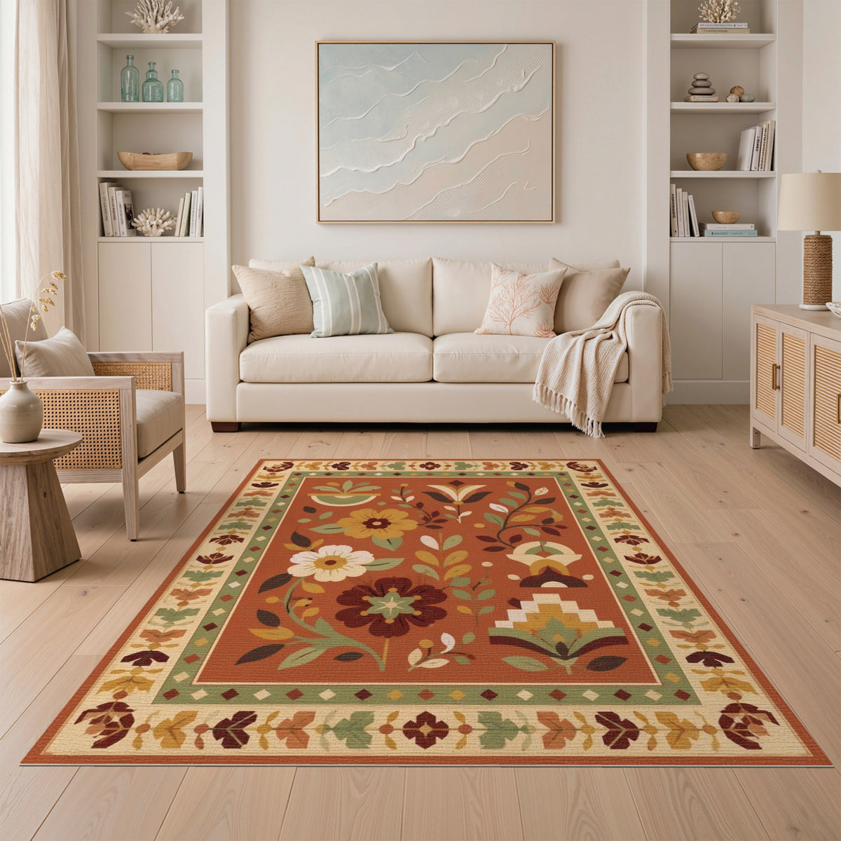 Orange Terracotta Floral Vintage Area Rug