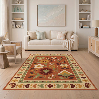 Orange Terracotta Floral Vintage Area Rug