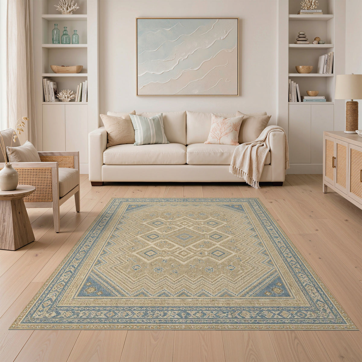 Distressed Blue Geometric Vintage Area Rug