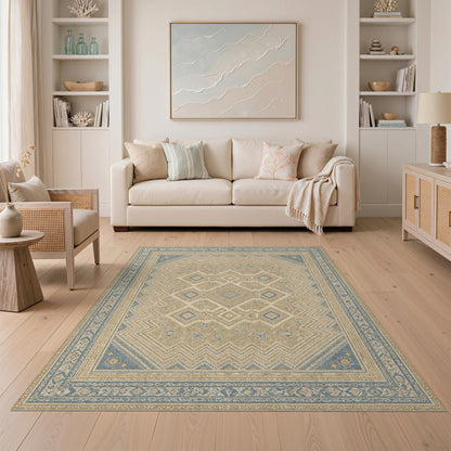 Distressed Blue Geometric Vintage Area Rug