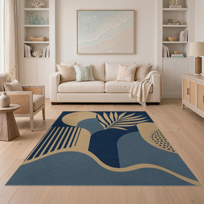 Blue Geometric Palm Leaf Area Rug