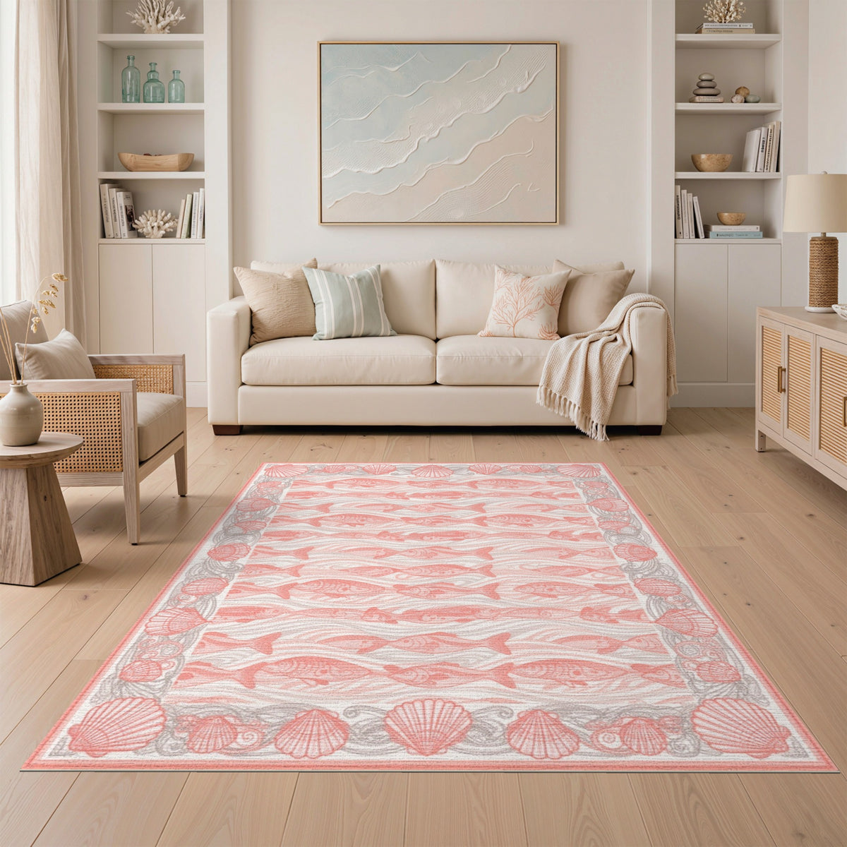 Pink Fish and Seashell Washable Area Rug