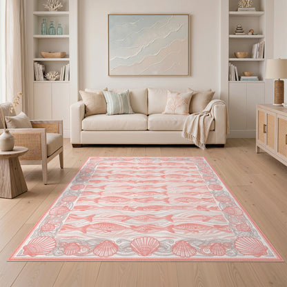 Pink Fish and Seashell Washable Area Rug