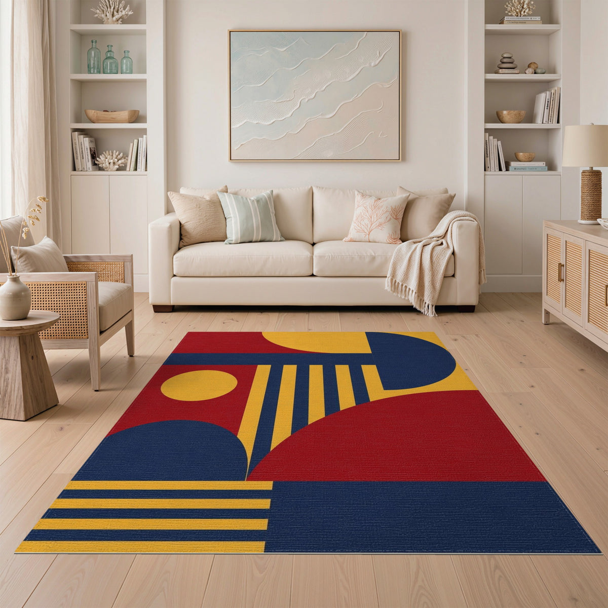 Bold Geometric Red Blue Yellow Area Rug