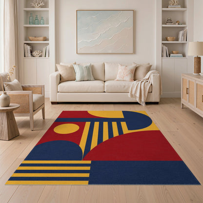 Bold Geometric Red Blue Yellow Area Rug