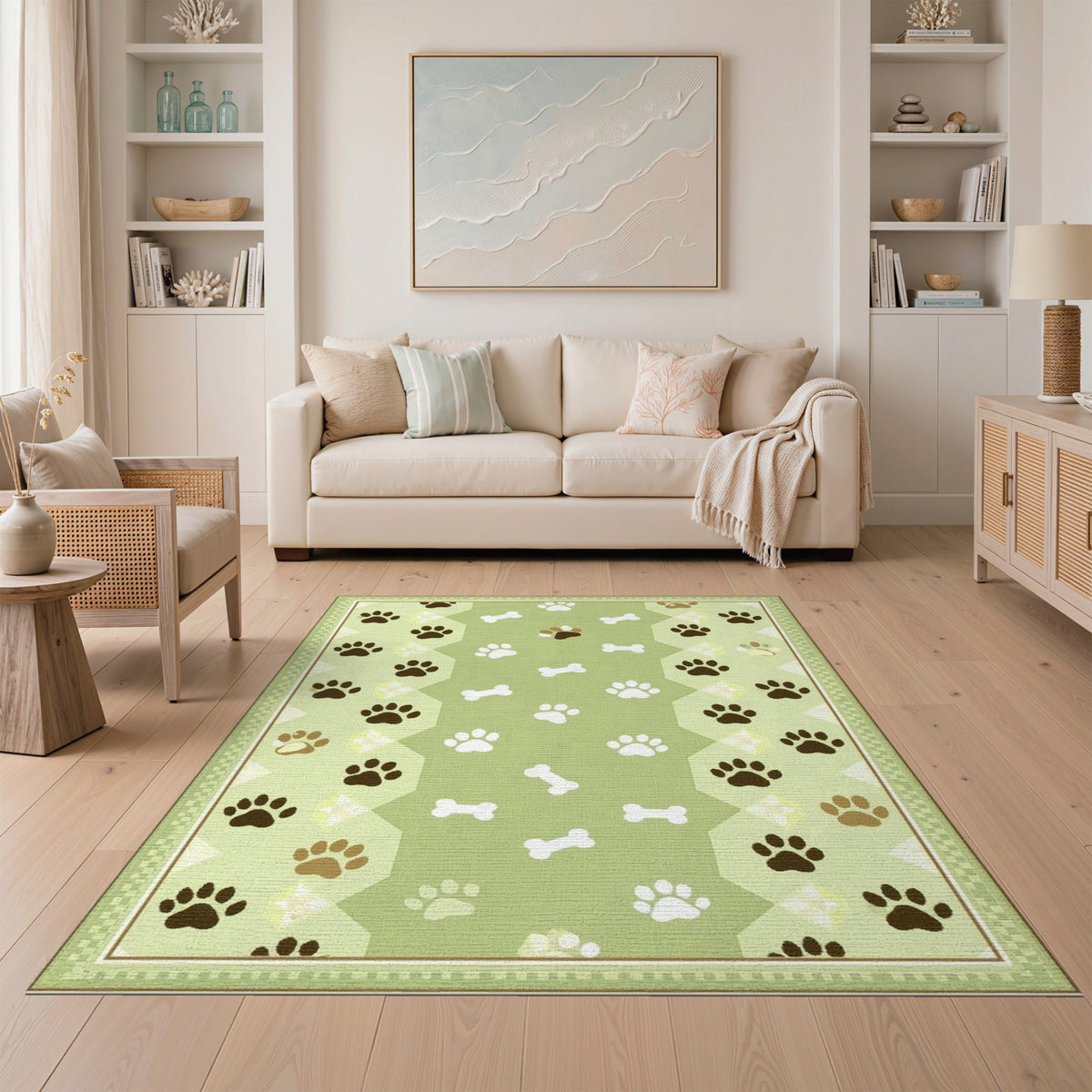 Green Paw Print Bone Kids Area Rug