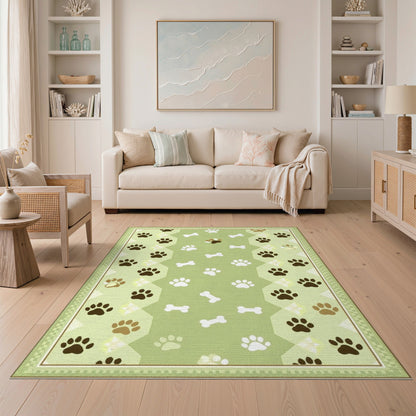 Green Paw Print Bone Kids Area Rug