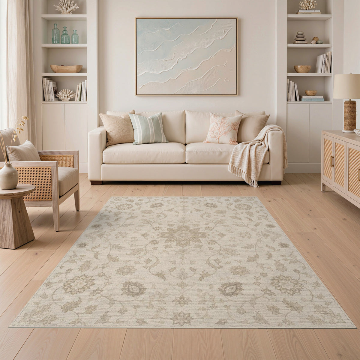 Beige and Neutral Beige Floral Medallion Area Rug