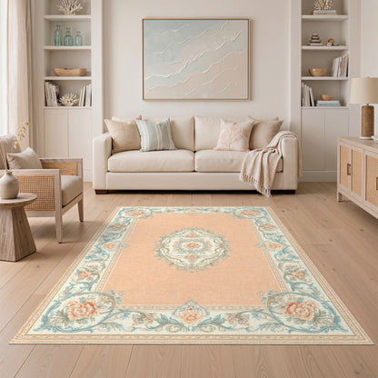 Teal Floral Medallion Peach Vintage Rug