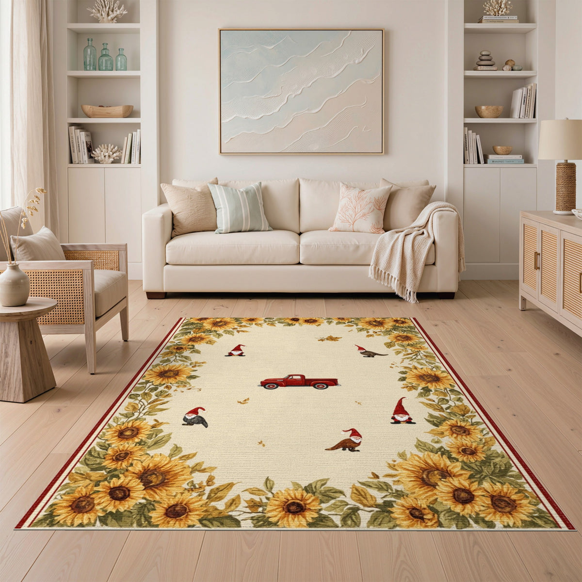 Sunflower Gnome Red Truck Beige Area Rug