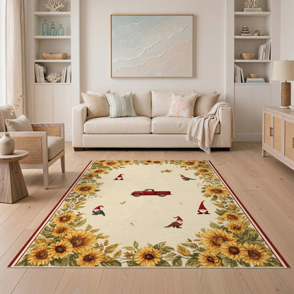 Sunflower Gnome Red Truck Beige Area Rug