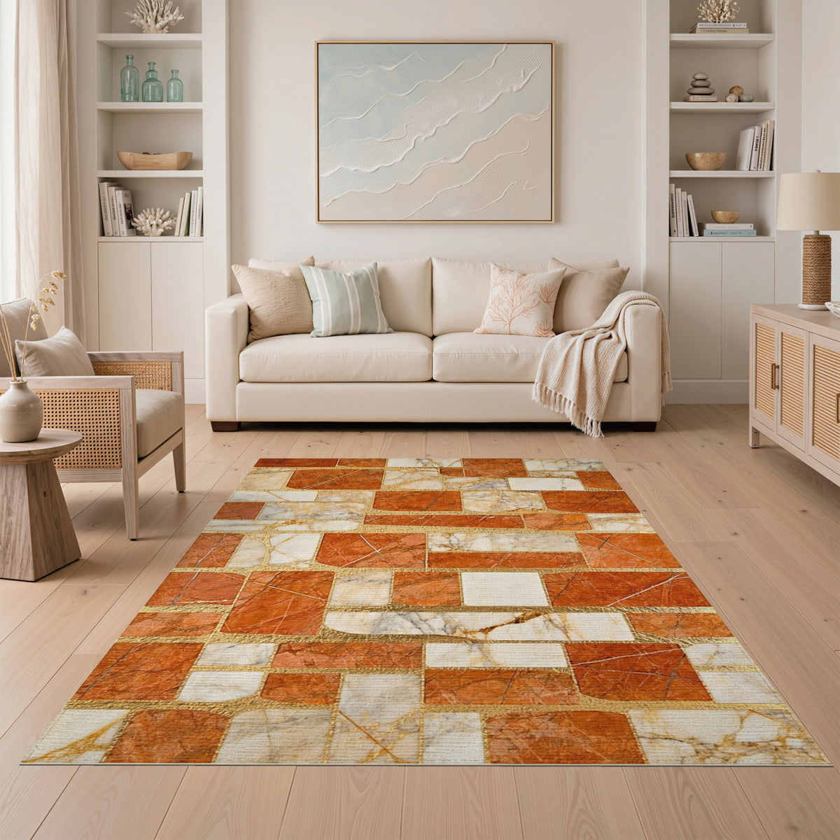 Orange Marble Geometric Mosaic Area Rug