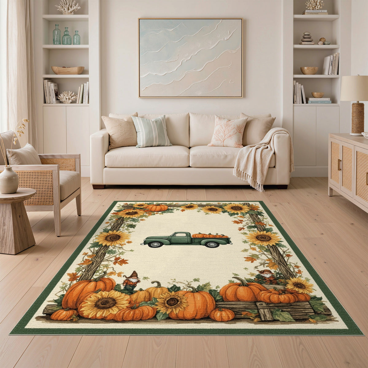 Fall Harvest Truck Gnomes Area Rug