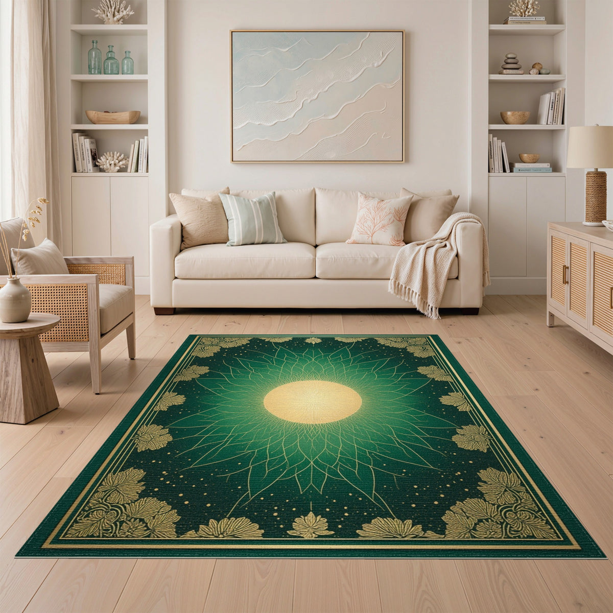 Green Gold Sunburst Leaf Floral Area Rug