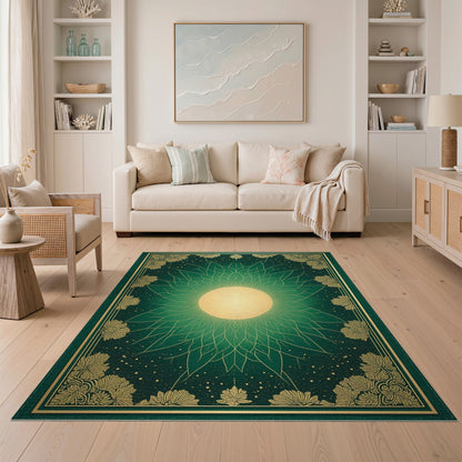 Green Gold Sunburst Leaf Floral Area Rug