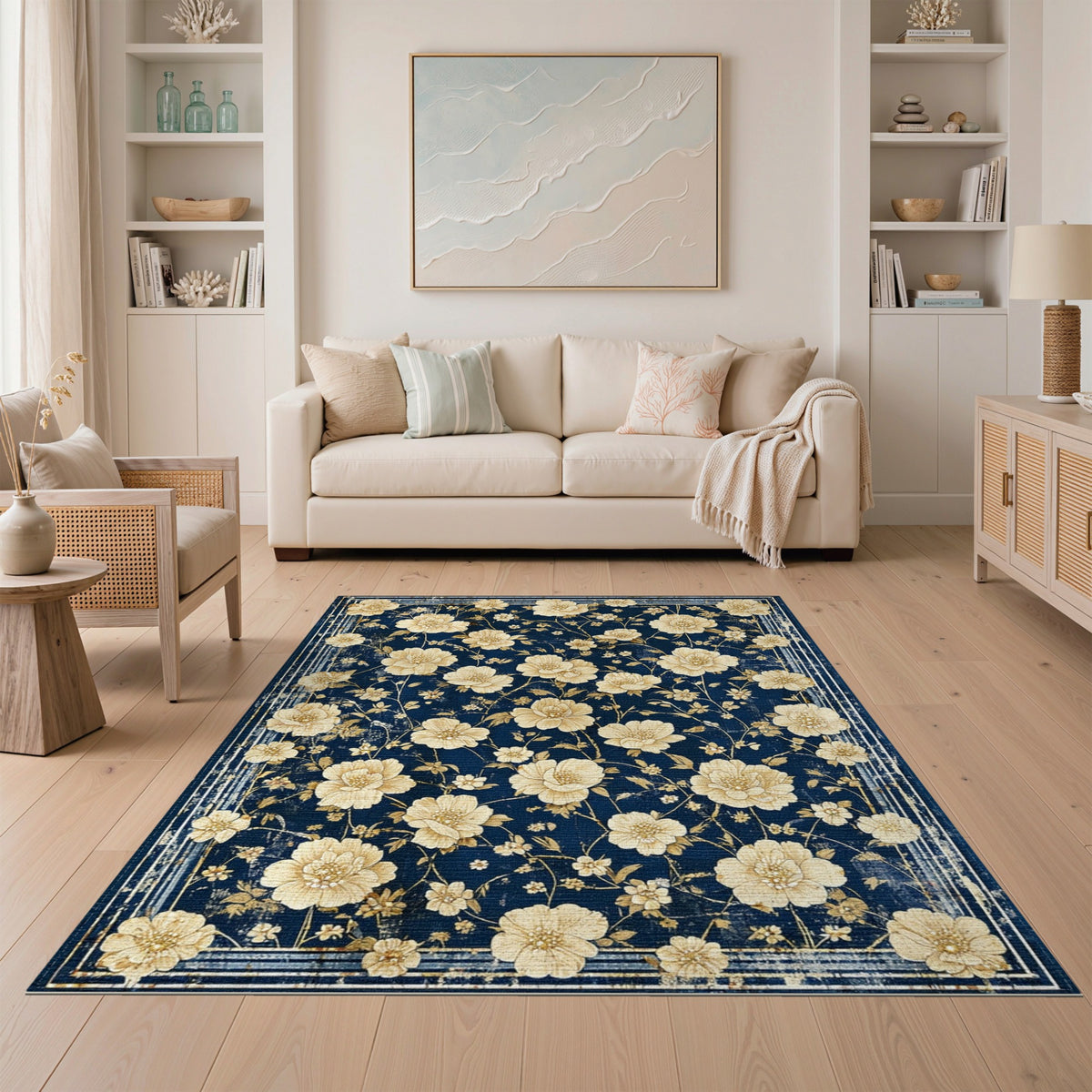 Vintage Floral Navy Blue Area Rug