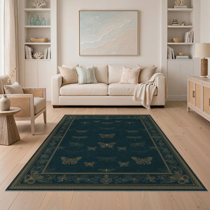 Teal Vintage Butterfly and Dragonfly Area Rug
