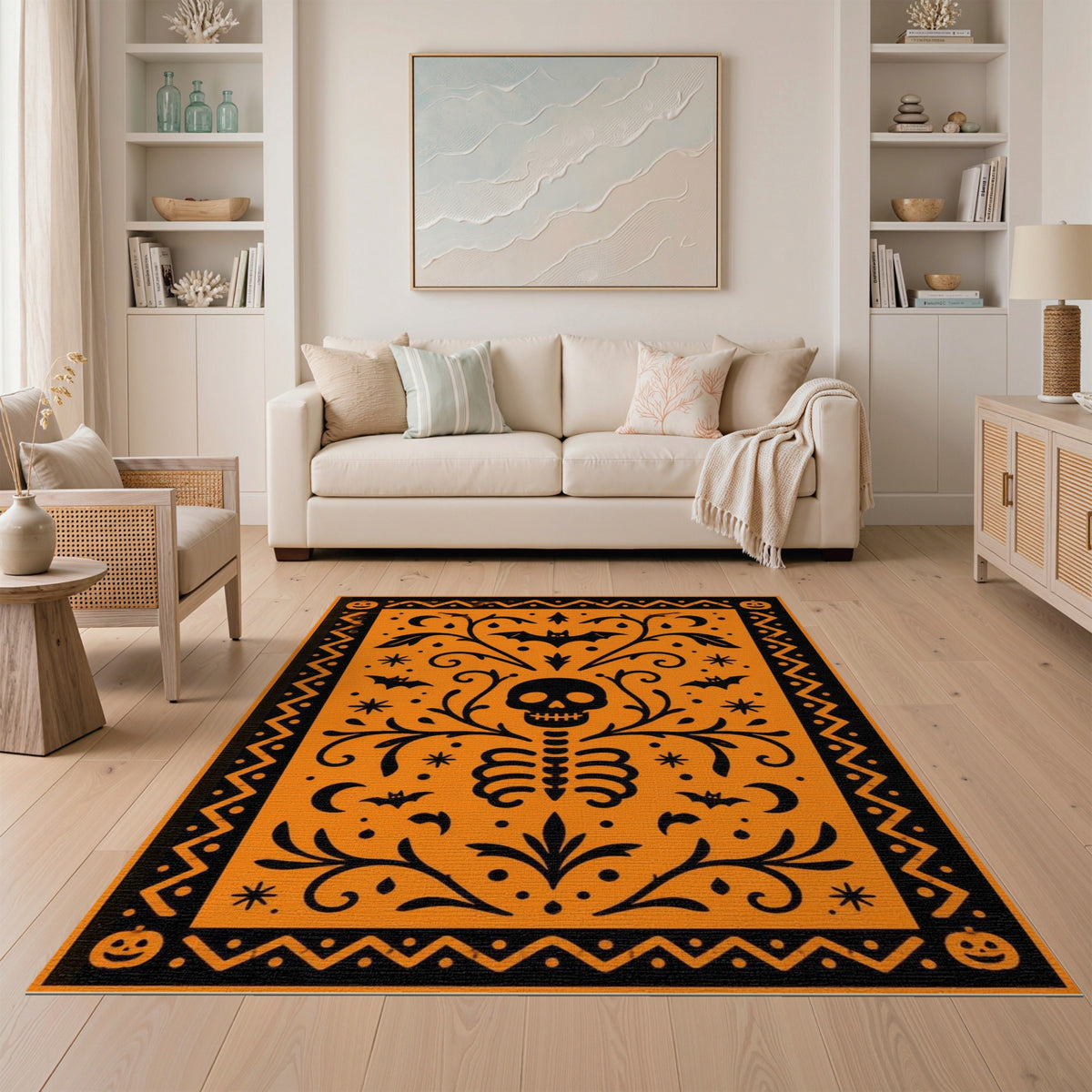 Orange Halloween Skeleton Area Rug