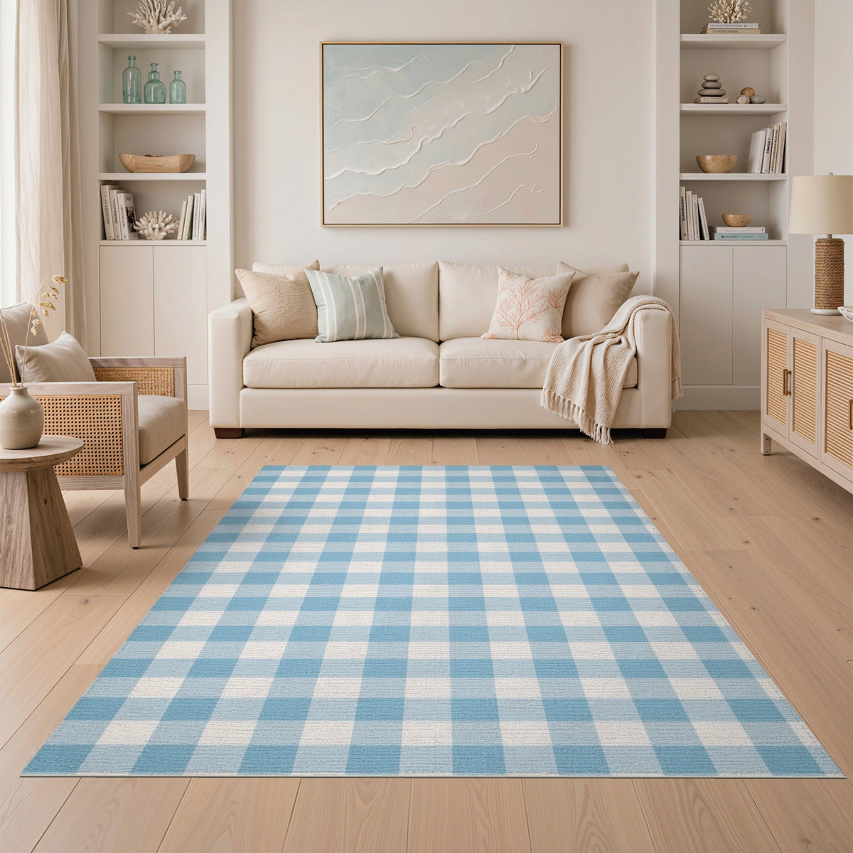 Coastal Beach Blue Gingham Checkered Area Rug