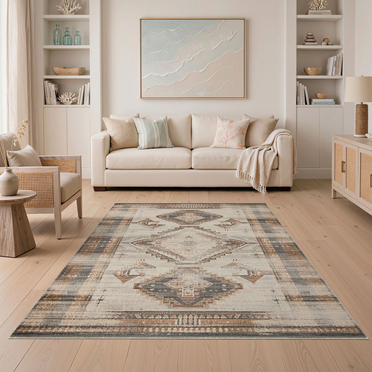 Brown and Tan Distressed Brown Geometric Area Rug