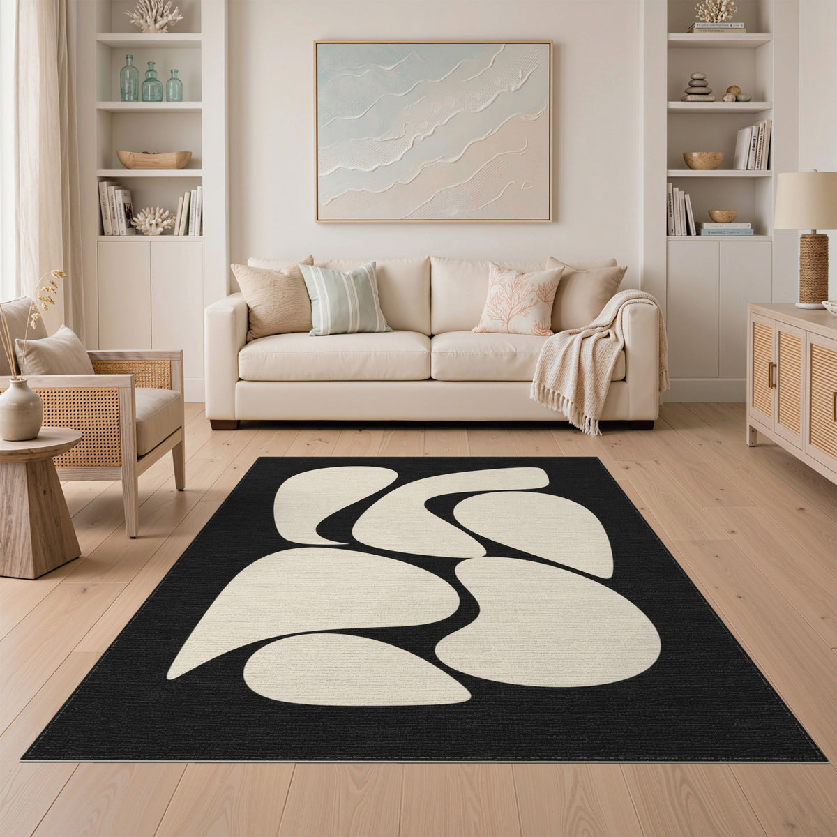 Black and White Abstract Organic Shapes Black White Area Rug