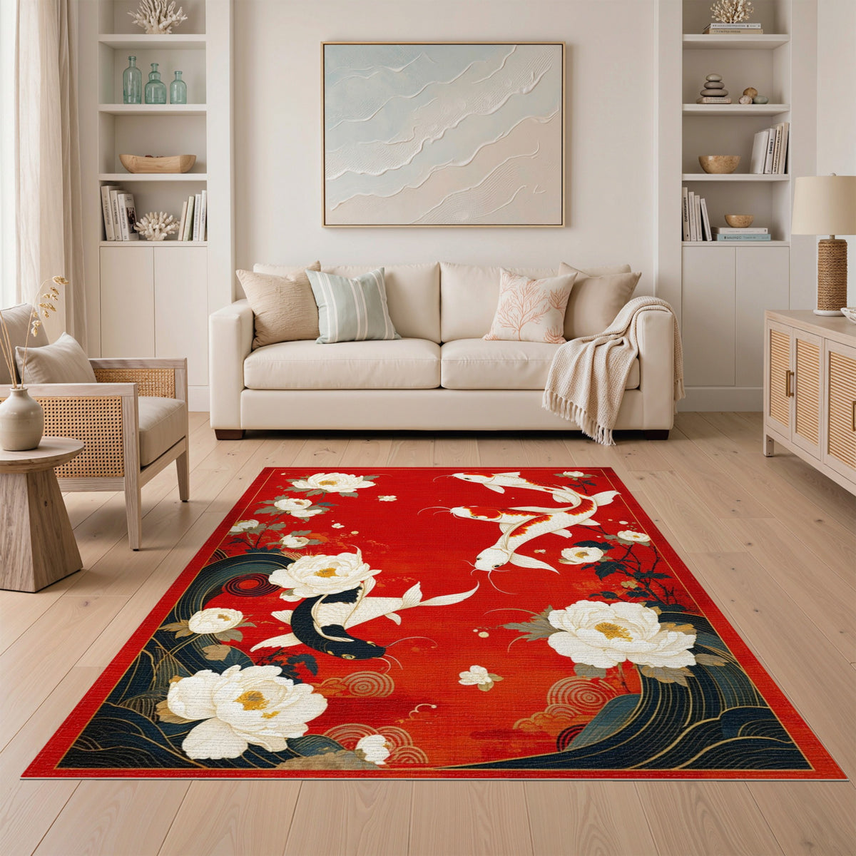 Red Koi Peony Floral Washable Area Rug