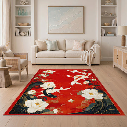 Red Koi Peony Floral Washable Area Rug