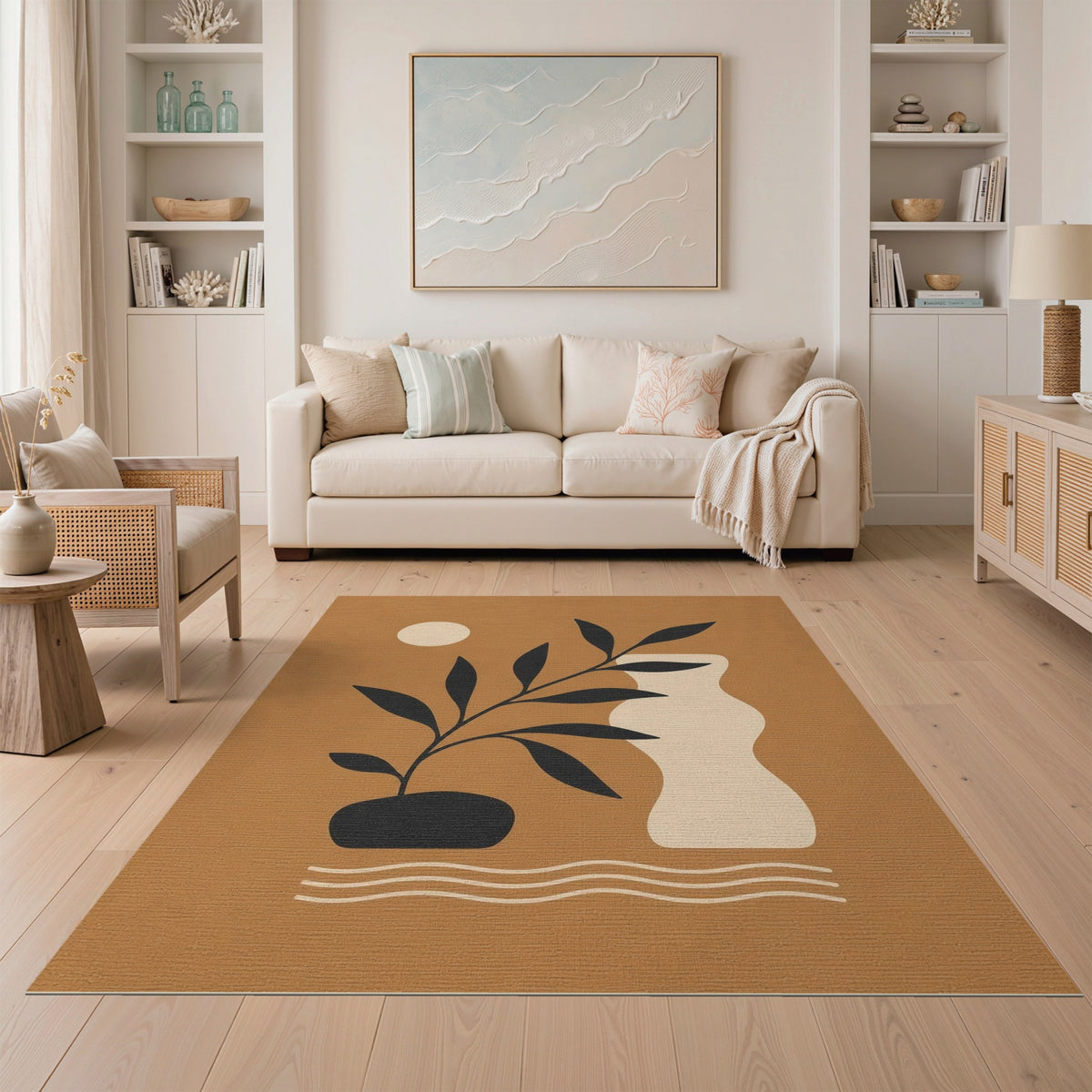 Abstract Plant Vase Area Rug in Brown Tan