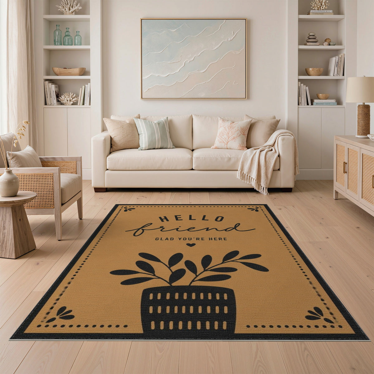 Hello Friend Welcome Area Rug in Brown Tan