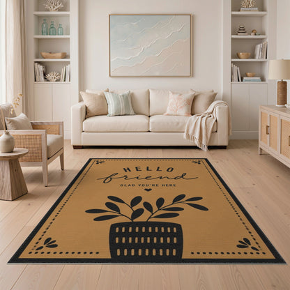 Hello Friend Welcome Area Rug in Brown Tan