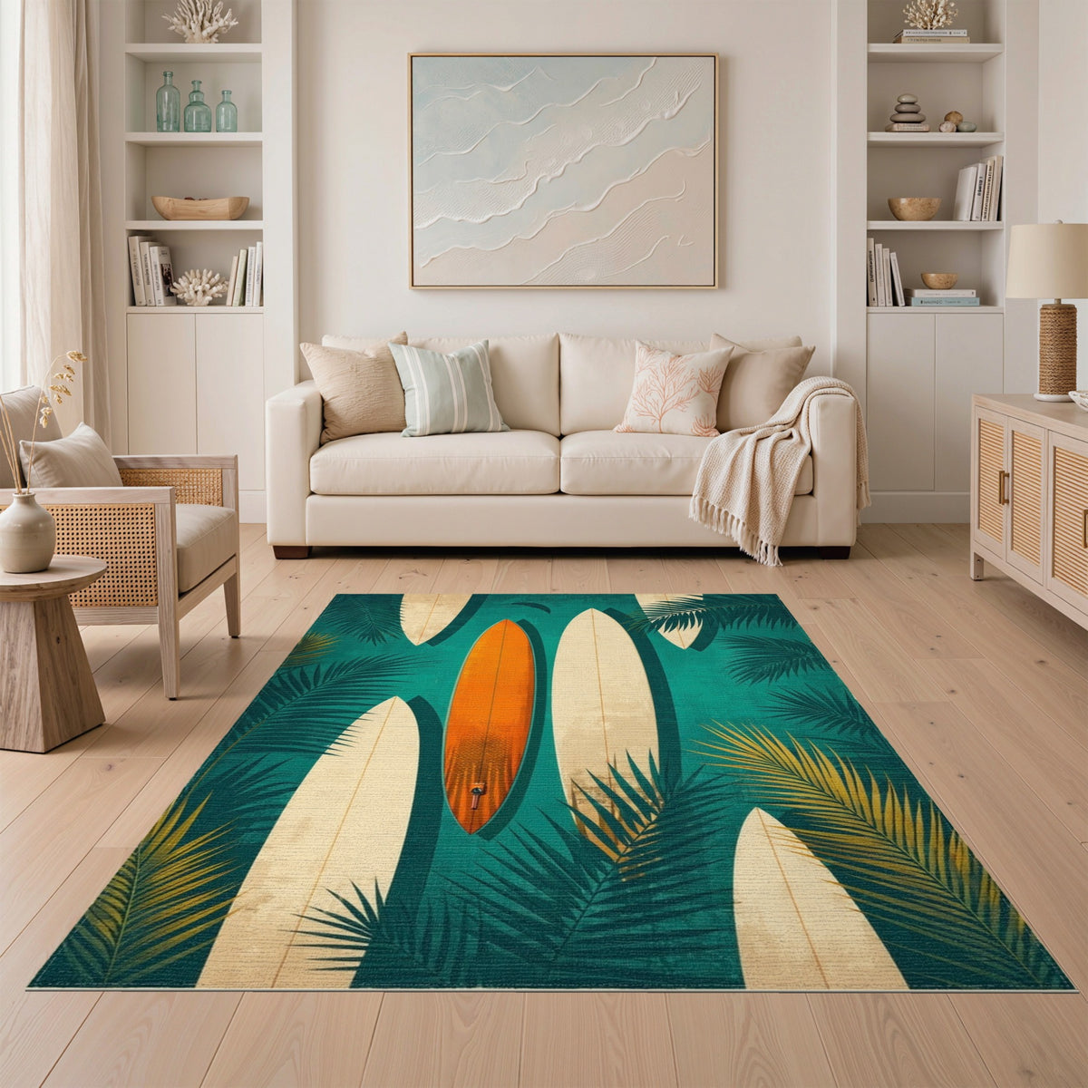 Blue and Teal Coastal Surfboard Teal Area Rug
