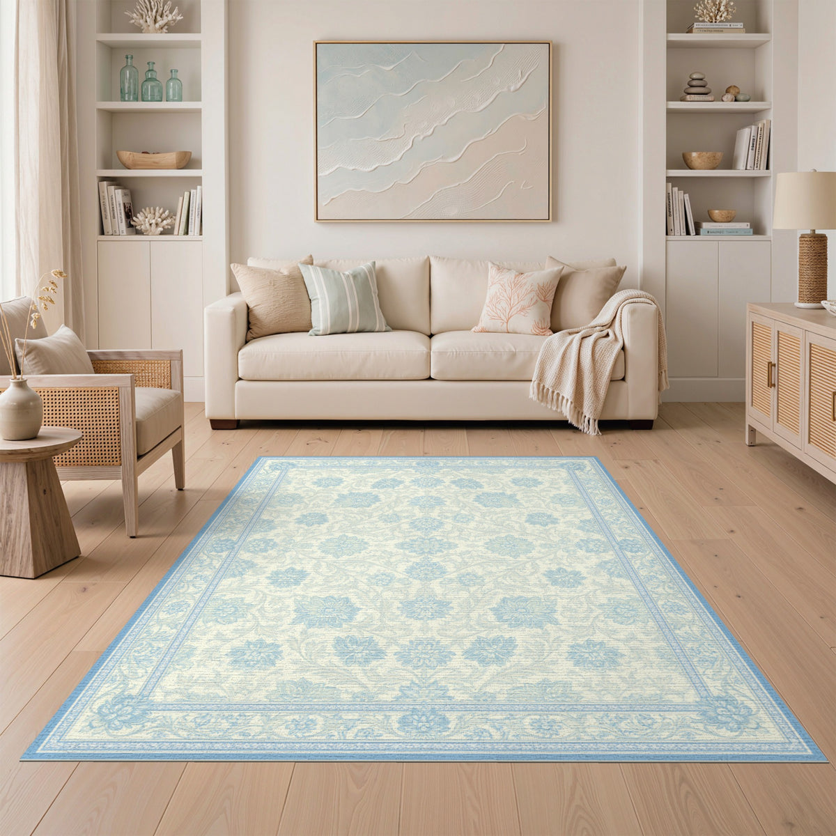 Blue Floral Vintage Washable Area Rug