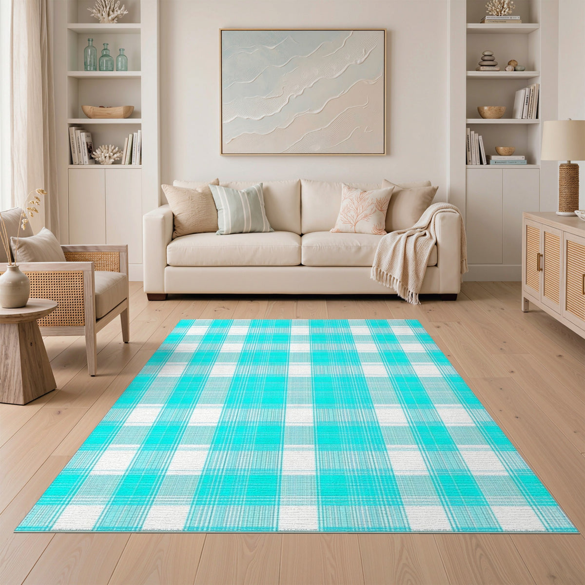Turquoise Plaid Washable Area Rug