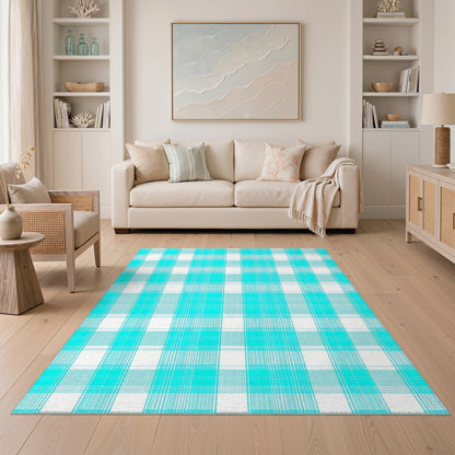 Turquoise Plaid Washable Area Rug