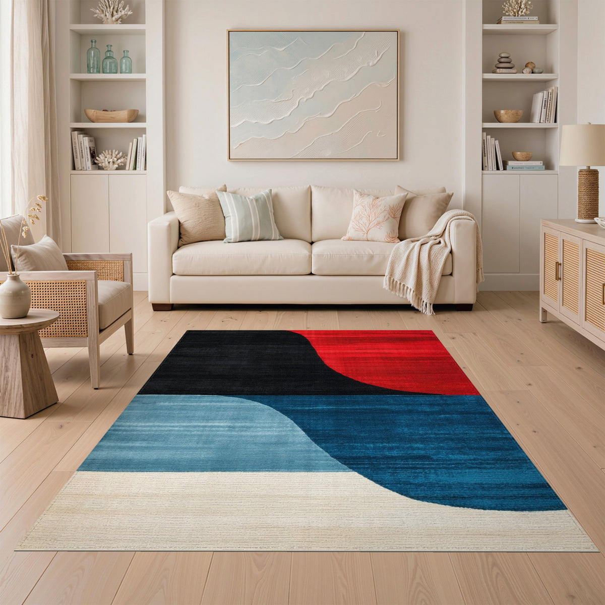 Bold Geometric Area Rug in Red Black Blue