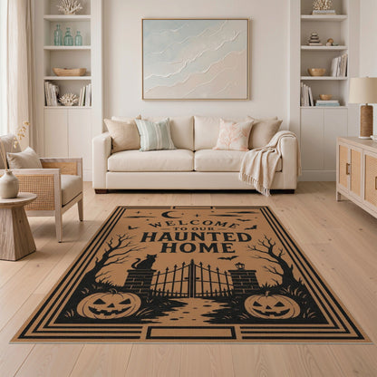 Orange Haunted Home Halloween Welcome Area Rug