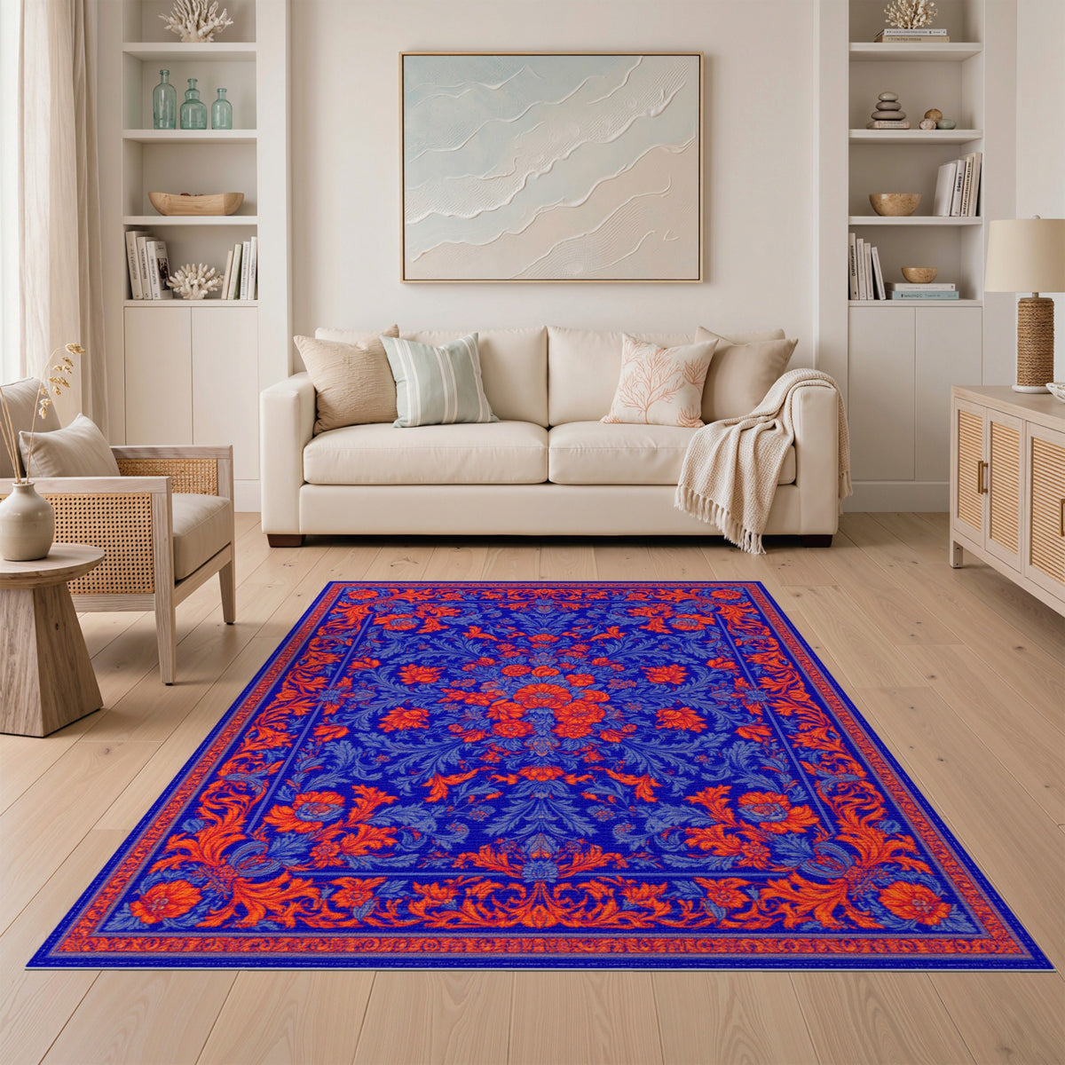Blue Orange Floral Vintage Area Rug