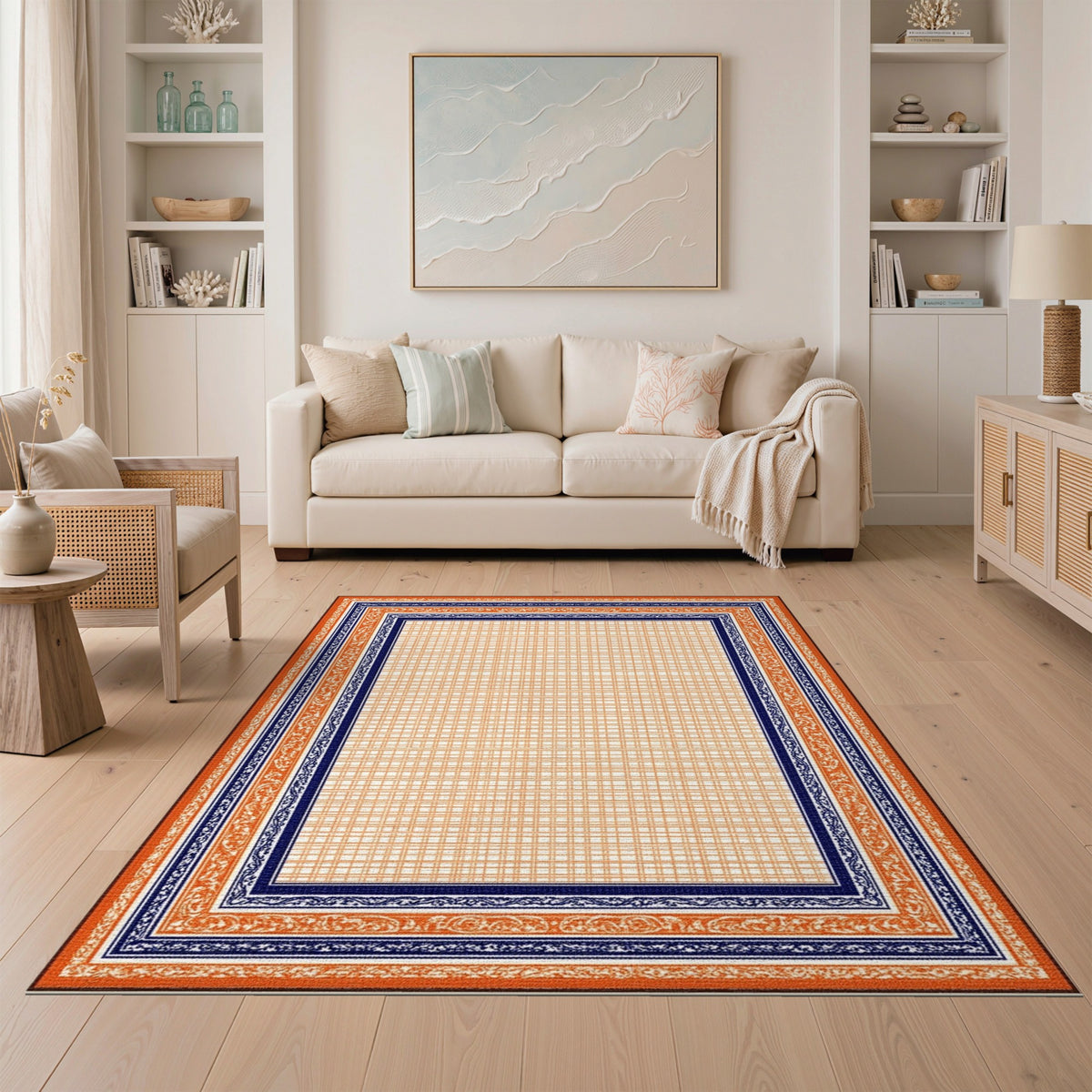 Orange Scroll Border Geometric Area Rug