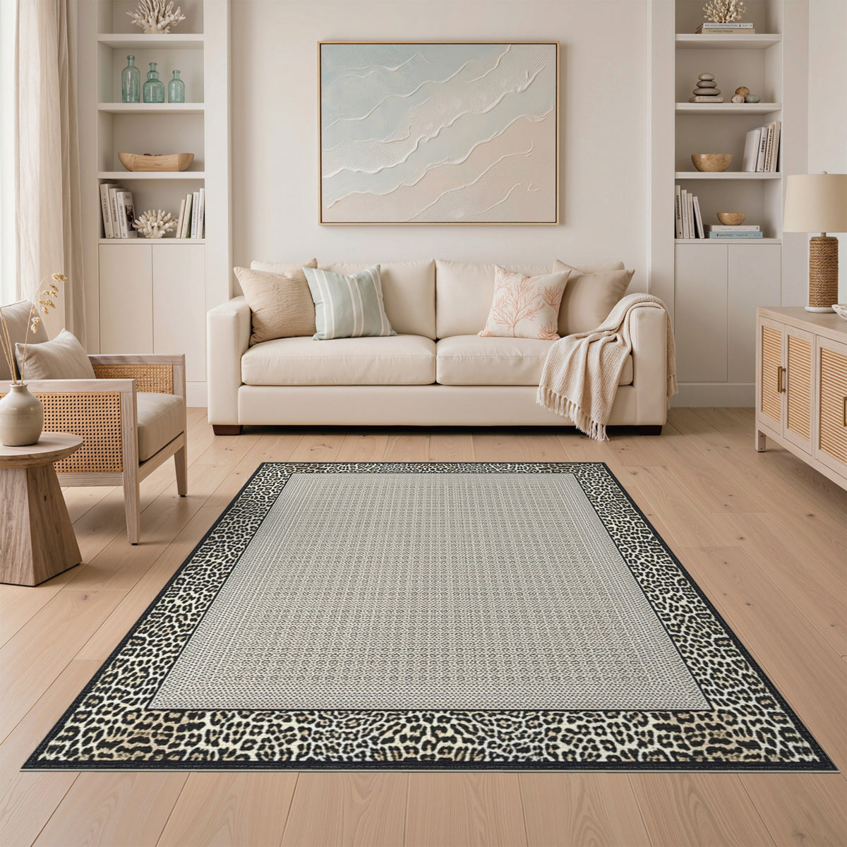 Leopard Border Neutral Geometric Area Rug