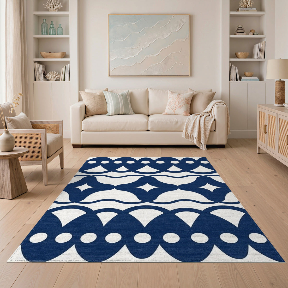 Navy Blue Geometric Scalloped Area Rug
