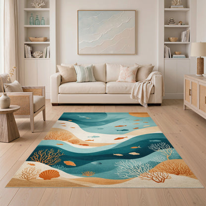 Blue Teal Ocean Fish Coastal Area Rug
