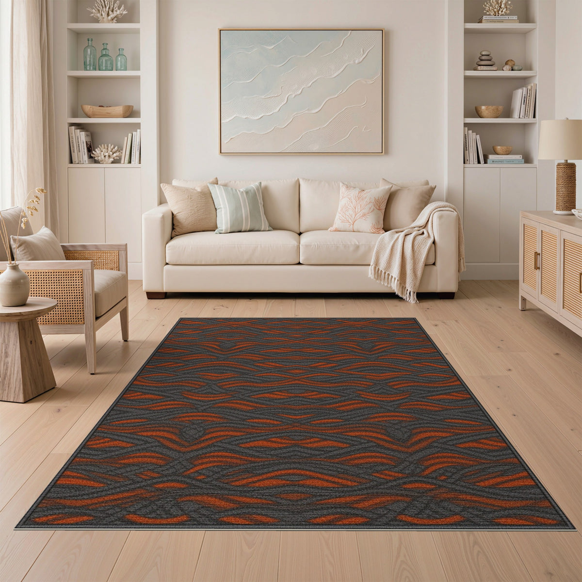 Bold Orange Wave Geometric Area Rug