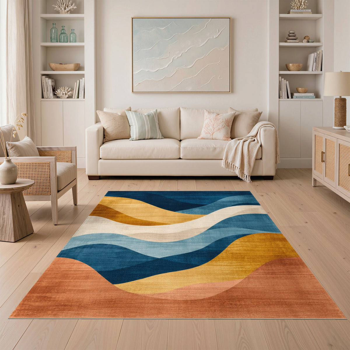 Blue Teal Abstract Wave Area Rug