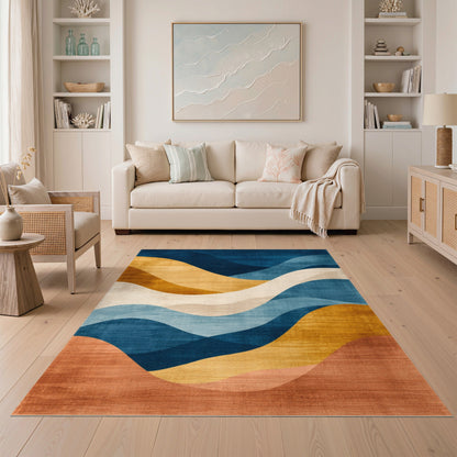 Blue Teal Abstract Wave Area Rug